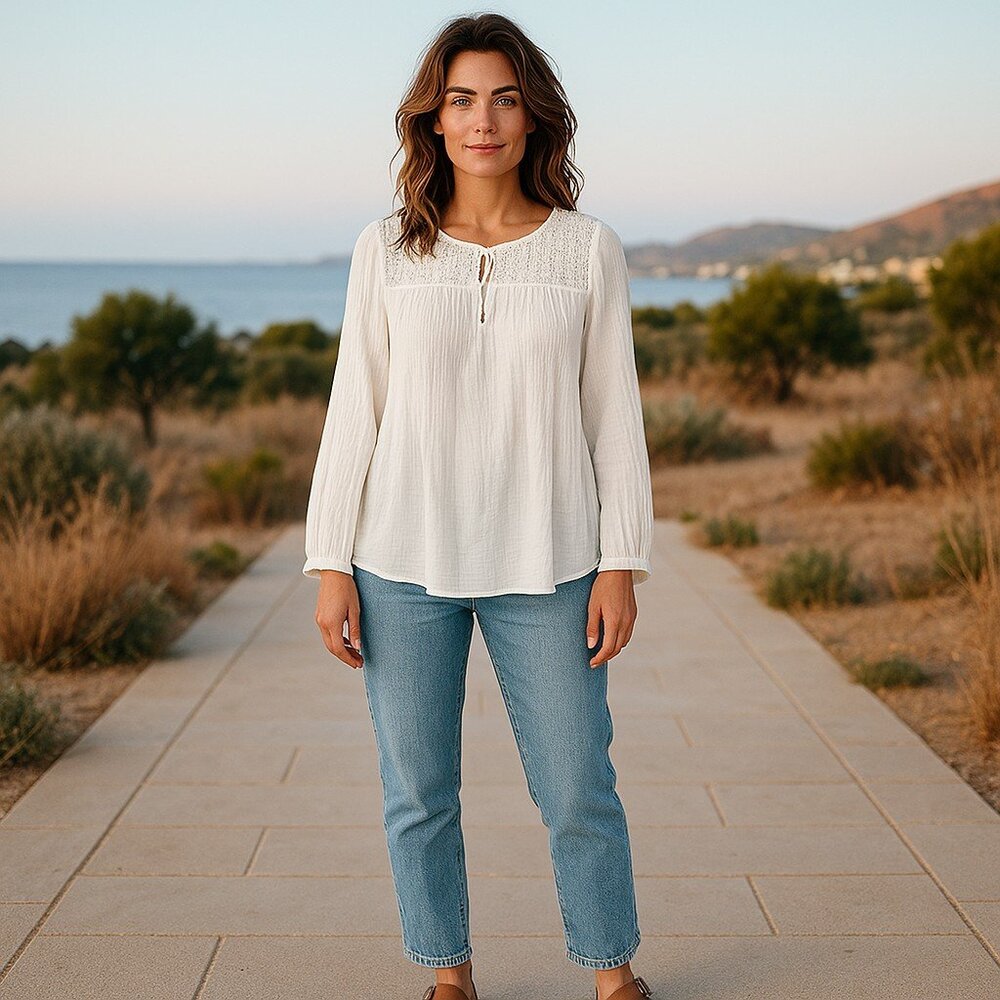 J.Crew White Boho Peasant Blouse Crochet Lace Yoke Long Sleeve Tunic Size M